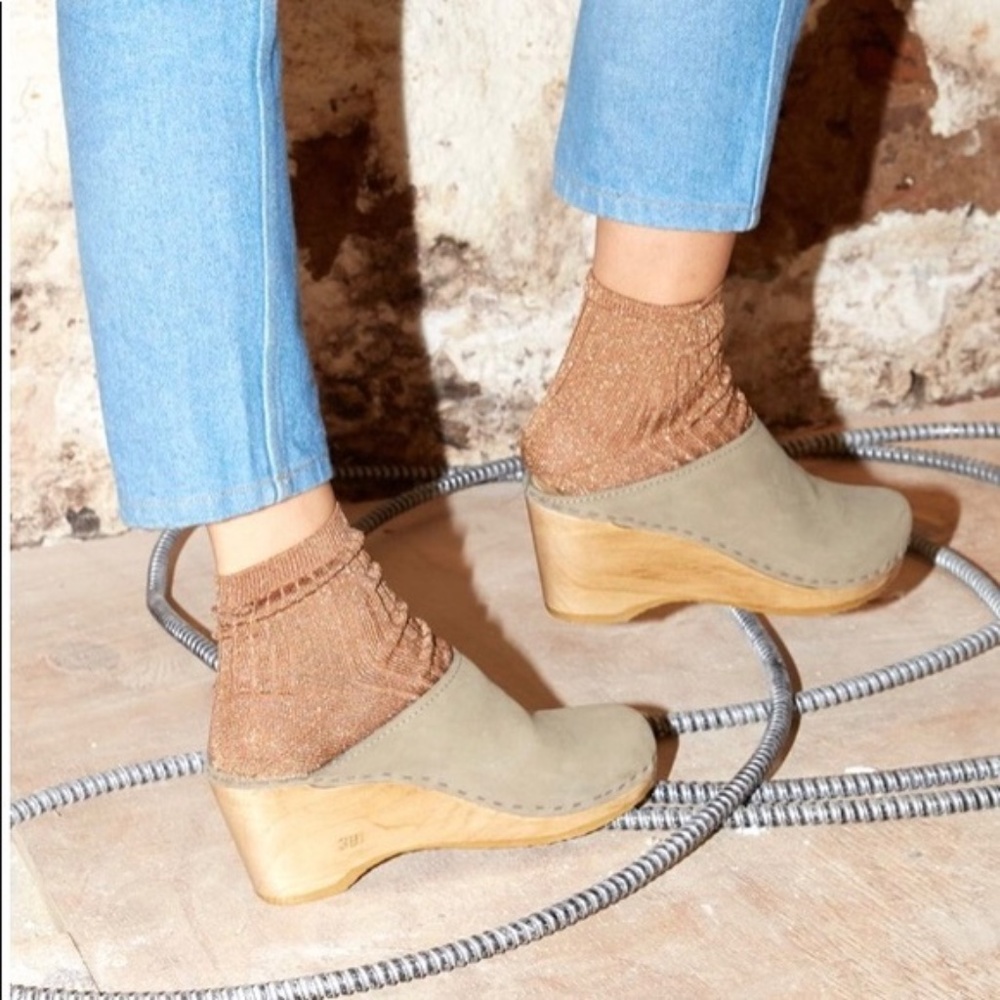No. 6 Olive Green Suede Wooden Wedge Clogs